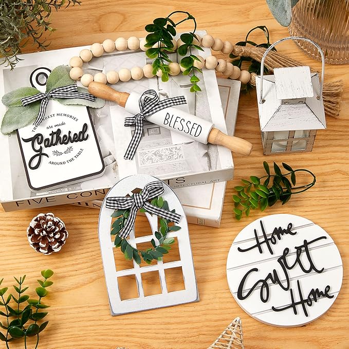 Houmury Set of 16 Farmhouse Tiered Tray Decor with 1 Lantern Artificial Plant& Cutting Board Sign for Rustic Home Kitchen Decor Tier Tray Decor Set (Tiered Tray Not Included)