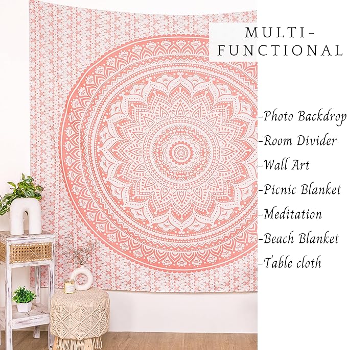 RAJRANG Ombre Mandala Tapestry Rose Gold Wall Hanging Hippie Cotton Tapestries Beach Throw College Dorm Decor Bohemian Boho Bedsheet King 90x108 Inches