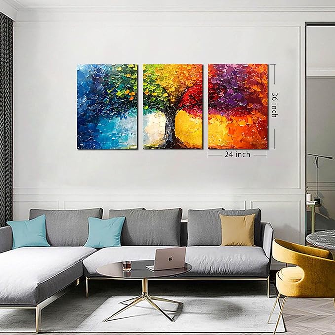 Tree Canvas Wall Art for Bedroom Girl - Modern Wall Decor for Office Women - Colorful 3 Piece Wall Art for Living Room Large Size 24" x 36"