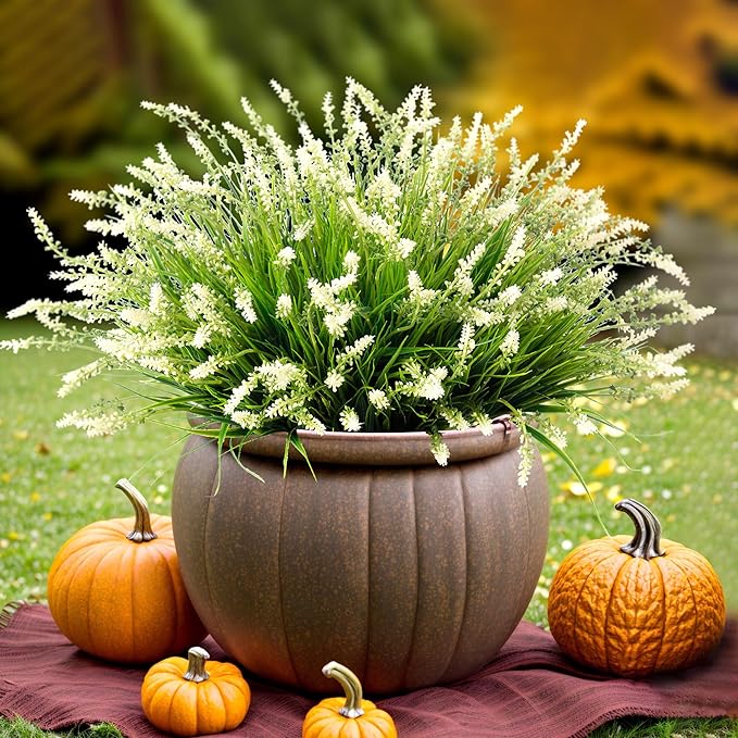 Artificial Faux Plants Flowers for Outdoor Decorations, Fake Monkey Grass for Outside Porch Patio, No Fade Realistic Greenery Plant, UV Resistant Artificial Shrubs for Courtyard Window Garden