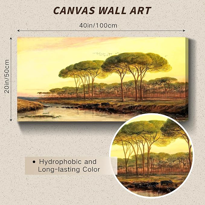 crmotu Large Canvas Wall Art, Sunset Forest Vintage Wall Paintings, Dusk Landscape Art Prints, Riverside Scenery Retro Artwork, Nature Aesthetic Pictures Wall Decor Living Room Bedroom 20"X40"