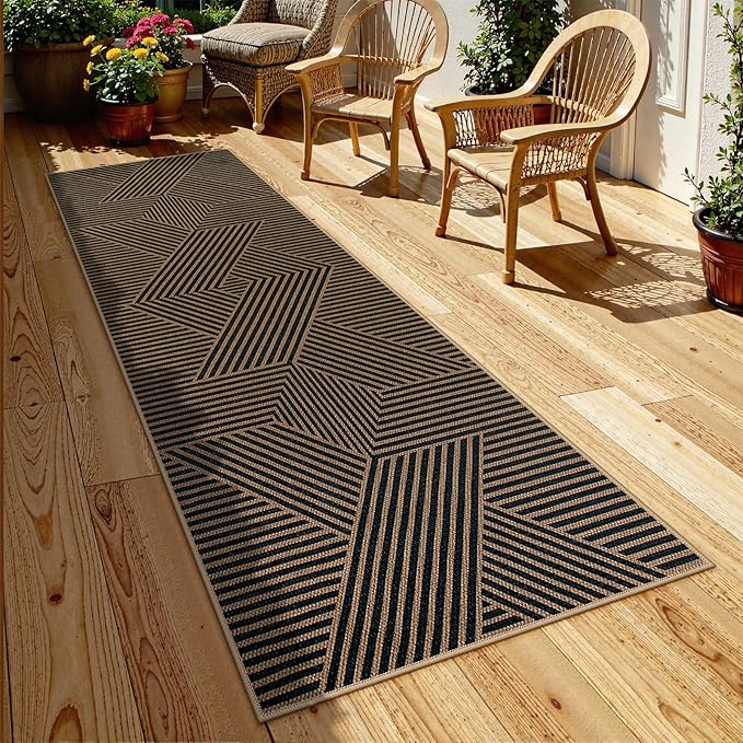 Lahome Modern Geometric Runner Rug, 2x8 Washable Rug Runners for Hallways Non Slip, Black Outdoor Carpet with Rubber Backing, Farmhouse Non Shedding Kitchen Mats for Floor Entryway