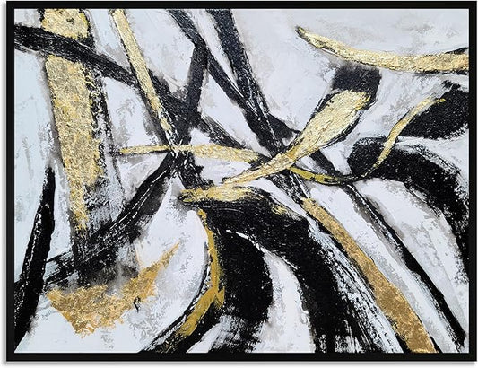 Yihui Arts Black White Canvas Wall Art - Hand Painted Modern Abstract Oil Painting with Gold Foil and Floating Frame