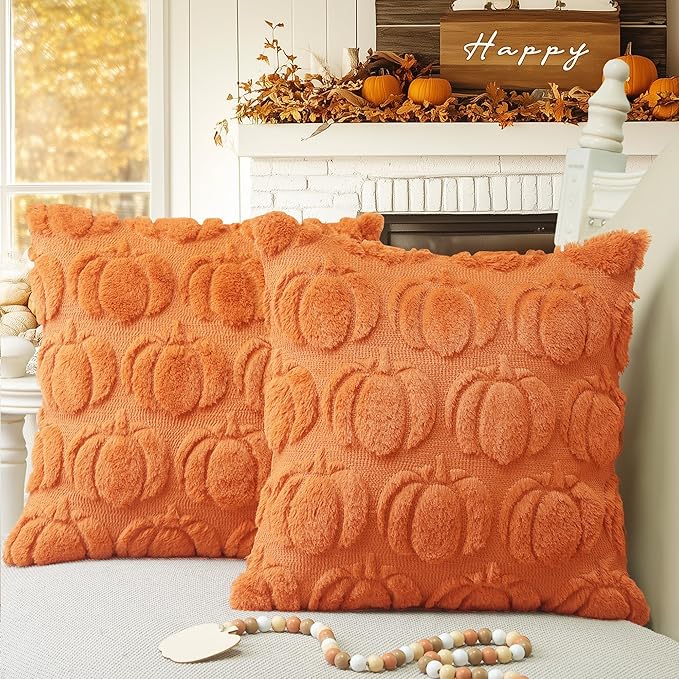 GEEORY Fall Pillow Covers 18 x 18 Inch Set of 2, Fall Decorations Pumpkins Soft Plush Fluffy Faux Fur Wool Decorative Autumn Thanksgiving Farmhouse Cushion Case for Sofa Orange GC021-18