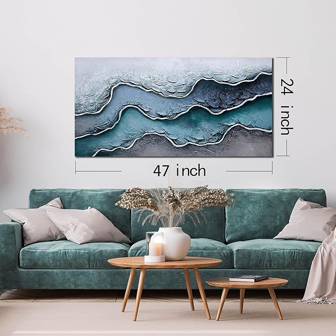 Beach Oil Painting Wall Art for Office Blue and White Wall Decor for Bedroom Wall Pictures for Living Room Size 24 x 47 Inch