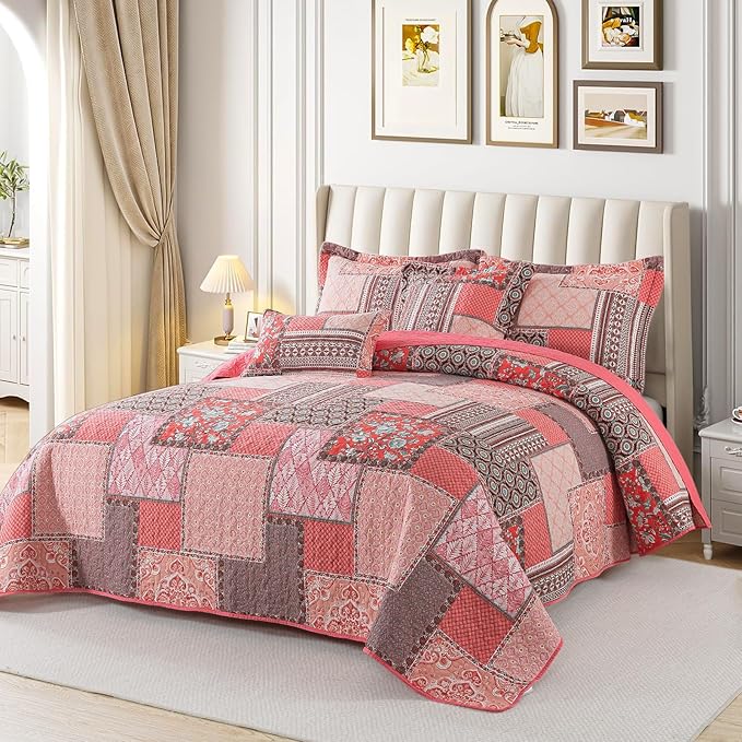 VAPUTAR Cotton Quilts Queen Size, Farmhouse Bedspreads Queen Size (90 * 98 in) - 3 Pieces Pink Lightweight Patchwork Floral Queen Quilt Bedding Set, Queen Coverlet Set Suitable for All Season