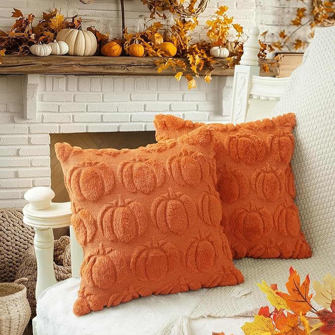 GEEORY Fall Pillow Covers 18 x 18 Inch Set of 2, Fall Decorations Pumpkins Soft Plush Fluffy Faux Fur Wool Decorative Autumn Thanksgiving Farmhouse Cushion Case for Sofa Orange GC021-18