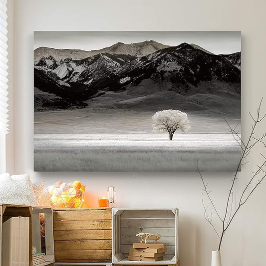 Renditions Gallery Canvas Nature Art Prints for Home Standalone Solitary Tree Black & White Modern Artwork Prints for Bedroom Living Room Office Decor - 24"X36" LT08