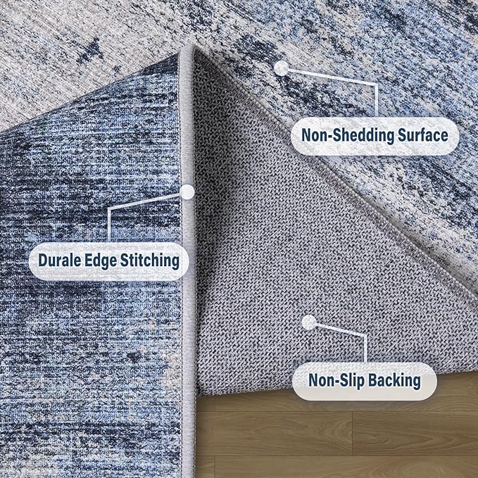 Area Rug Living Room Rugs: 5x8 Rug for Bedroom Machine Washable with Non Slip Backing Non Shedding Abstract Stain Resistant Large Carpet for Dining Room Nursery Home Office - Beige/Blue