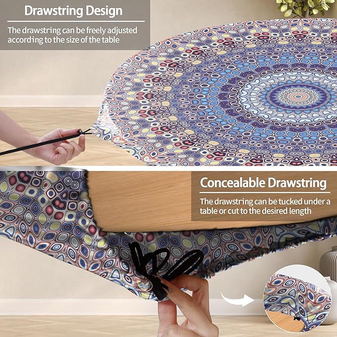 Fitted Vinyl Round Tablecloth for 36-44" Table Boho Waterproof Reusable Summer Fall Tableclothes Campers Inside Outdoors Supplies Dining Room Kitchen Needs White Elephant Gifts