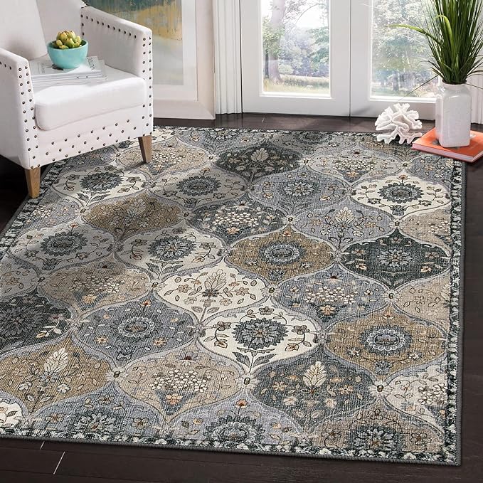 Lahome Moroccan Machine Washable Area Rugs, 4x6 Rug for Living Room Bedroom, Soft Non-Slip Rug Vintage Trellis Ultra-Thin Throw Carpet for Dining Room Office, Grey
