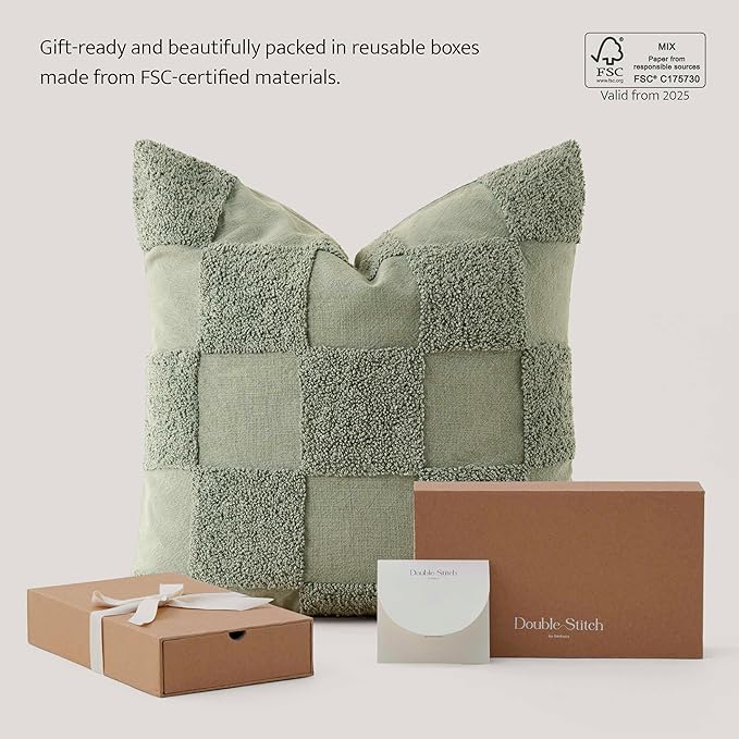 Double Stitch 100% Cotton Throw Pillow Covers - Checkered Tufted Boho Decorative Pillow Covers 20x20, Made in India, Square Cushion Case, Modern Home Decor for Couch, Sofa, Living Room, Sage Green