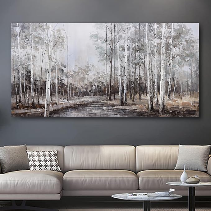 White Birch Tree Wall Art Grey Forest Painting Abstract Canvas Art Landscape Panoramic Picture Nature Artwork Framed for Living Room Bedroom Dinning Room Home Office Wall Decor 48"x24"