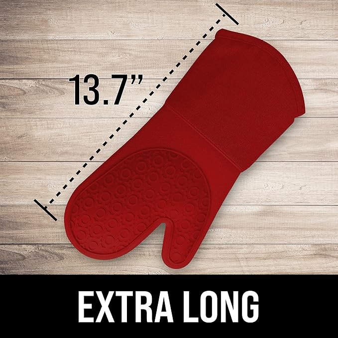 BPA-Free Silicone Oven Mitts Ultra Heat Resistant up to 500°F - Oven Mitts with Thick Cotton Liner - Long Slip Resistant Pot Holders, Flexible Oven Gloves - Empire Red 13.7