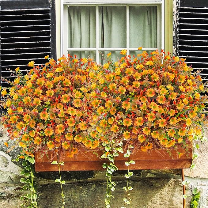 64 Pcs Artificial Fall Flowers - UV Resistant Fake Mums Outdoor Faux Plants for Home Garden Patio Porch Window Box Thanksgiving Decor