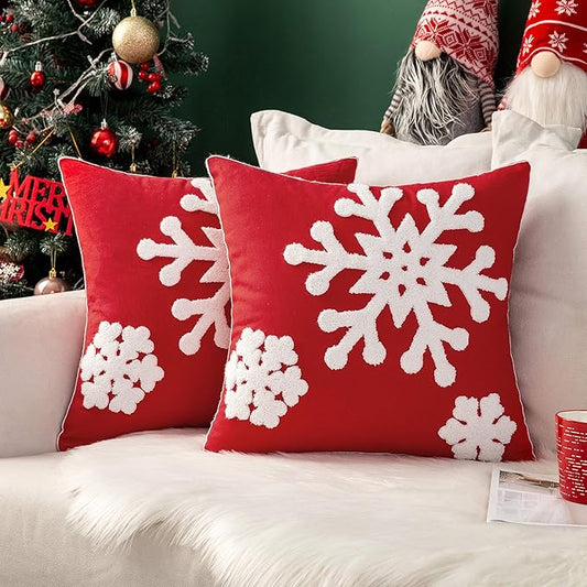 MIULEE Pack of 2 Christmas Decorative Snowflake Throw Pillow Covers Canvas Embroidery Winter Cushion Cases Holiday Decor Soft Pillowcases for Winter Couch Sofa Bedroom Car（Red, 18x18in）