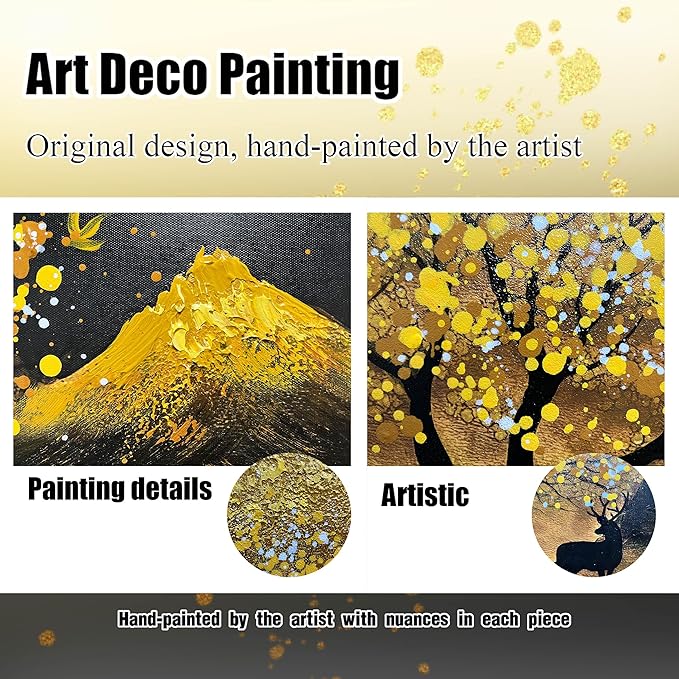 CIRABKY Moon Hand Painted Wall Art for Bedroom - Tree Black and Gold Canvas Wall Decor for Living Room Large Size - Black Frames Artwork Size 29" x 59"