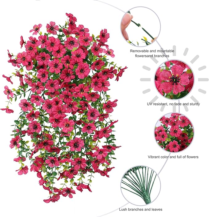 Artificial Flowers for Outdoors Fake Hanging Decoration, 2Pcs Hotpink Spring Decor, Realistic Plants, UV & Fading Resistant Silk Flower for Porch Patio Balcony Planter Yard