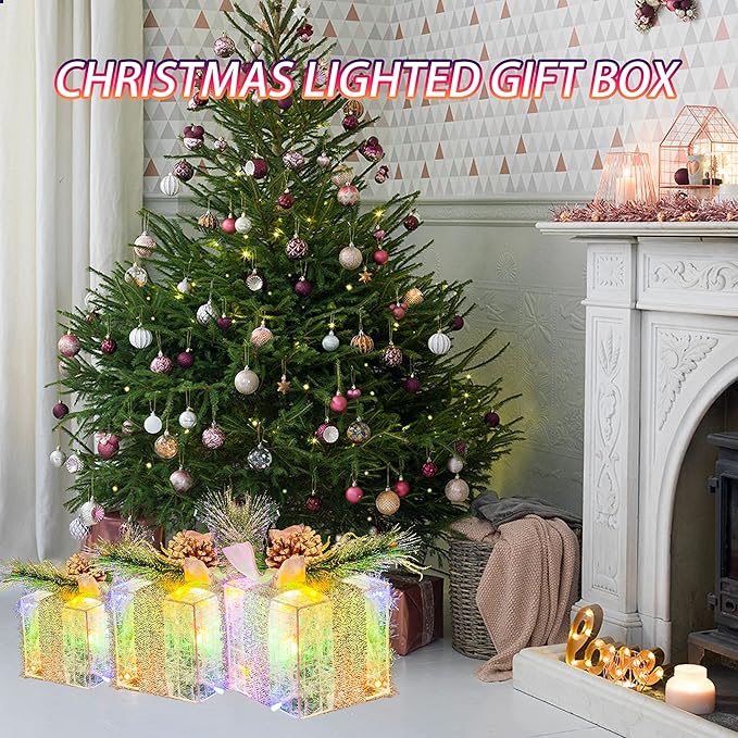 Hourleey Set of 3 Christmas Lighted Gift Boxes, Pre-lit 60 LED Light Up Present Boxes Ornament Outdoor Multi Color Tinsel Boxes Decoration for Indoor Christmas Home Yard Lawn Decor