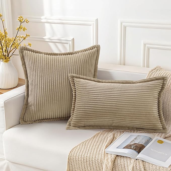 Mecatny Corduroy Throw Pillow Covers 12x20 Set of 2, Neutral Decorative Soft Boho Lumbar Couch Pillow Covers with Broadside for Sofa Living Room, Khaki