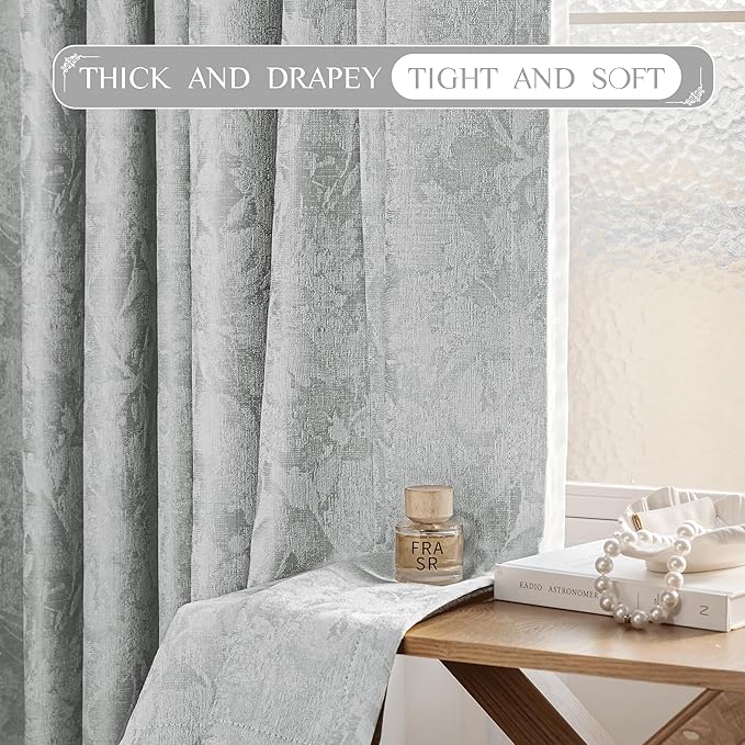 Beauoop Grey Floral Jacquard Blackout Curtains 84 Inches Long for Patio Sliding Door Extra Wide Chenille Flower Divider Room Darkening Thermal Soundproof Grommet Window Drapes, 100x84 Set of 1