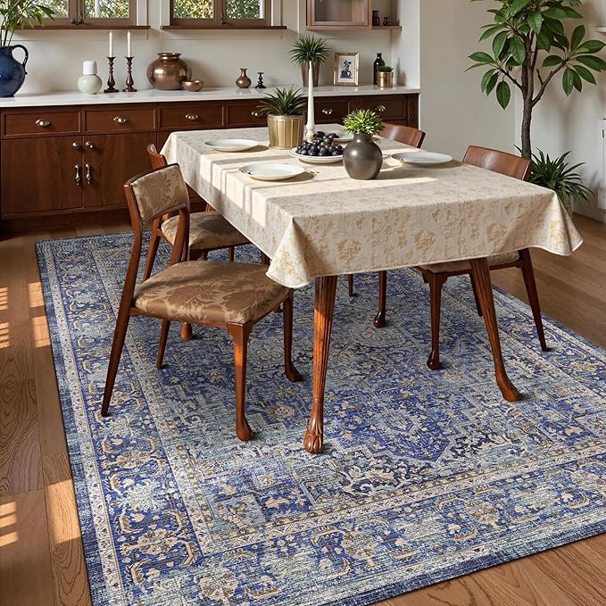 Washable Area Rug 5' x 7' Vintage Traditional Persian Mat - Foldable Distressed Non-Slip Machine Washable Carpet for Living Room Bedroom Kitchen Home Decor - Indigo and Gold