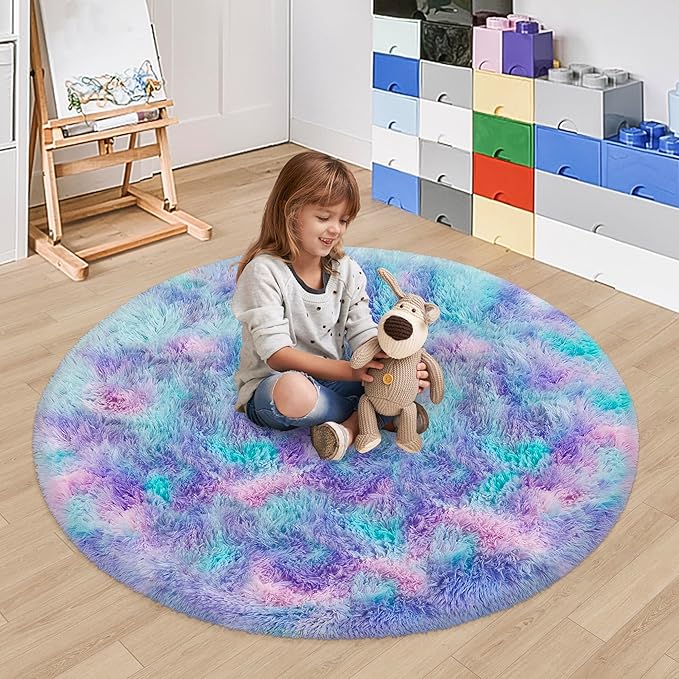 4x4 ft Tie Dye Rainbow Round Rug for Bedroom Room Fluffy Circle Rug Furry Carpet Shaggy Circular Fuzzy Washable Non-Slip Large Area Rug Soft Indoor for Living Room Cute Aesthetic Home Decor