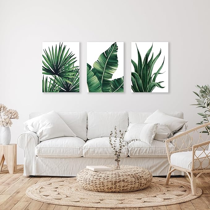 COSCTOR Botanical Wall Art Set of 3 Bathroom Green Plant Tropical leaf Picture Framed Prints for Home Living Room Bedroom Restroom Decoration(Framed,12x16)