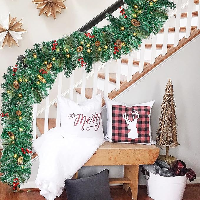 9 Foot Christmas Lighted Garland, Battery Operated Christmas Garland with Lights, Pre Lit Garland Wreath for Indoor Home Winter Holiday New Year Xmas Decorations