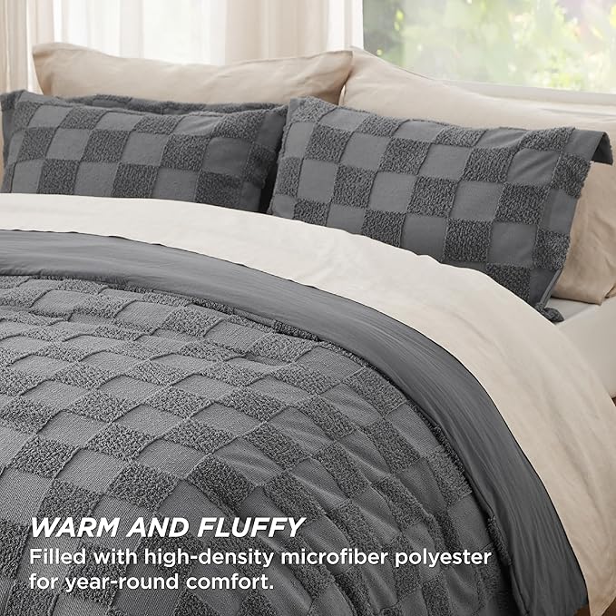 Bedsure Queen Size Comforter Set Dark Grey, Boho Tufted Bed Set, Checkered Farmhouse Shabby Chic Bedding, 3 Pieces, 1 Plaid Geometric Comforter and 2 Pillow Shams