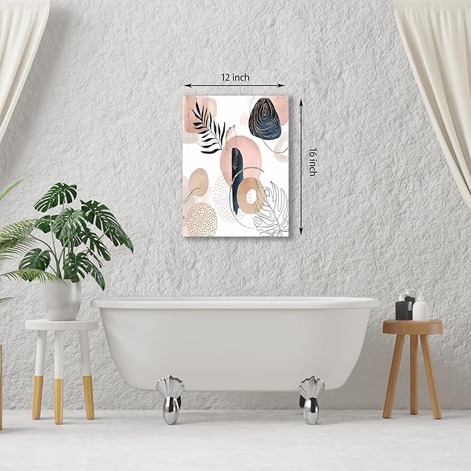 Boho Wall Art Prints, Boho Wall Decor, Abstract Pink and Navy Blue Botanical Design Minimalist Art, Natural Framed Canvas Prints Artwork For Living Room Bathroom Bedroom Wall Decor 12"x16"