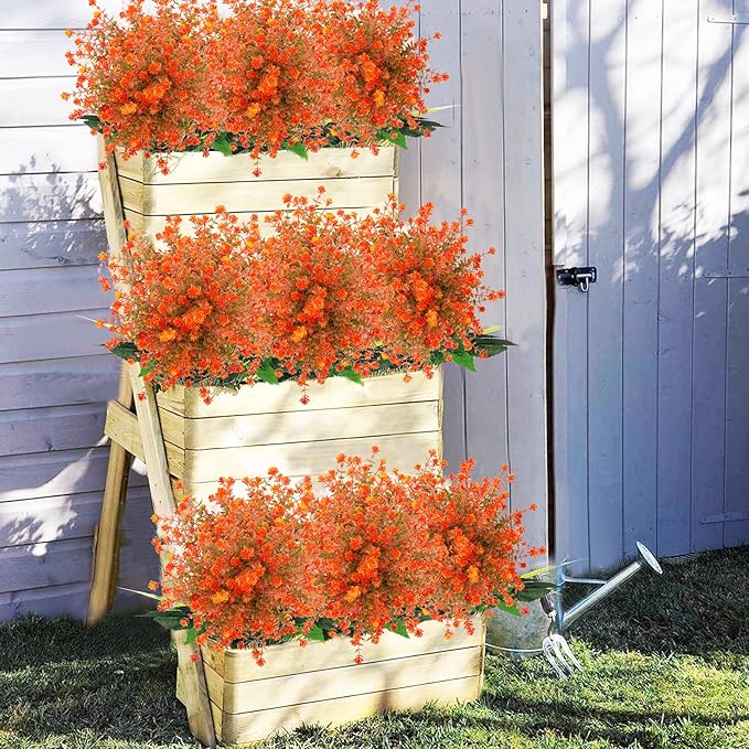 Uieke 6 Bundles Artificial Fall Flowers UV Resistant No Fade Fake Outdoor Plants Faux Plastic Plant Greenery for Outside Garden Porch Sidewalk Trim Window Box Décor Autumn Orange