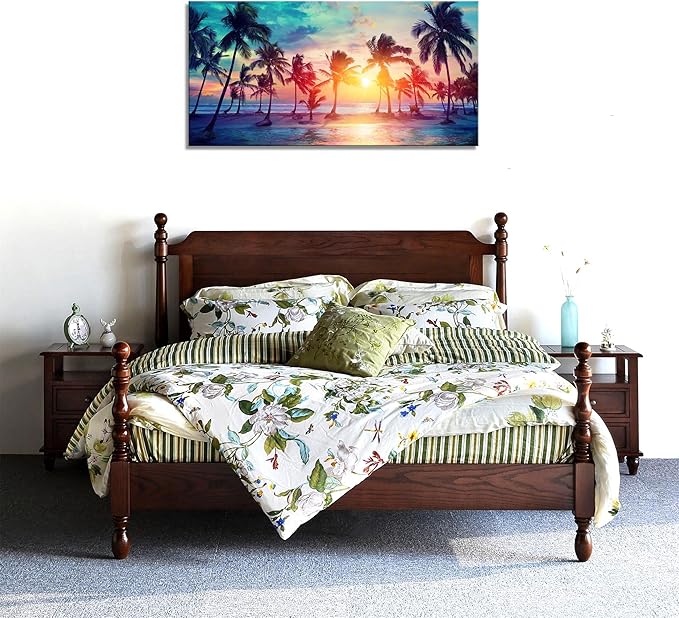 DZL Art S75562 Canvas Wall Art Palm Trees Silhouettes On Tropical Beach At Sunset Beach Seascape Painting Nature Pictures for Living Room Home Office Wall Decor Artwork