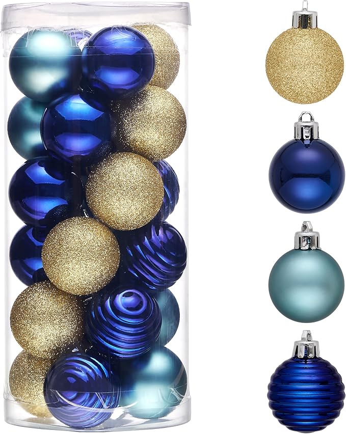 Valery Madelyn 1.57 Inches Small Christmas Tree Decorations Ornament Set for 4th of July Fall Halloween, 24ct Blue and Gold Shatterproof Hanging Ball Ornaments Holiday Party Decor