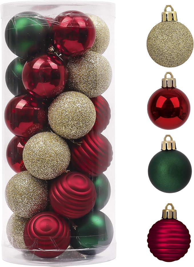 Valery Madelyn 1.57 Inches Small Christmas Tree Decorations Ornament Set for 4th of July Fall Halloween, 24ct Red Green Gold Shatterproof Hanging Ball Ornaments Holiday Party Decor