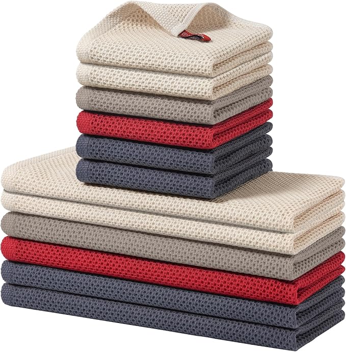 Homaxy 100% Cotton Kitchen Towels and Dishcloths Set, 12 x 12 Inches and 13 x 28 Inches, Set of 12 Bulk Kitchen Towels Set, Ultra Soft Absorbent Dish Cloths for Washing Dishes, Mixed Color
