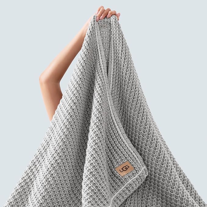 UGG Luna Knit Throw Cotton Chunky Soft Throw Blanket for Couch or Bed Cozy Washable Giftable Lightweight Blanket for Living Room or College Dorm, 50-inch x 70-inch, Stone Grey