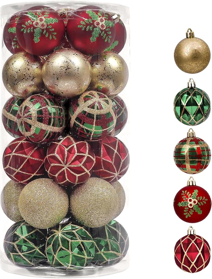 Valery Madelyn Christmas Ornaments Set, 30ct 2 Inches Red Green and Gold Shatterproof Christmas Tree Decorations Ball Ornaments Bulk, Traditional Country Hanging Decor for Xmas Holiday Party