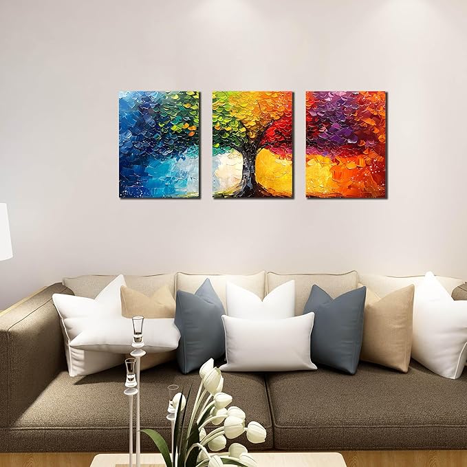 Tree Pictures Wall Art for Living Room - Modern Wall Decor for Office Women - Colorful Wall Decor for Bedroom Size 12" x 16" x 3 Pieces