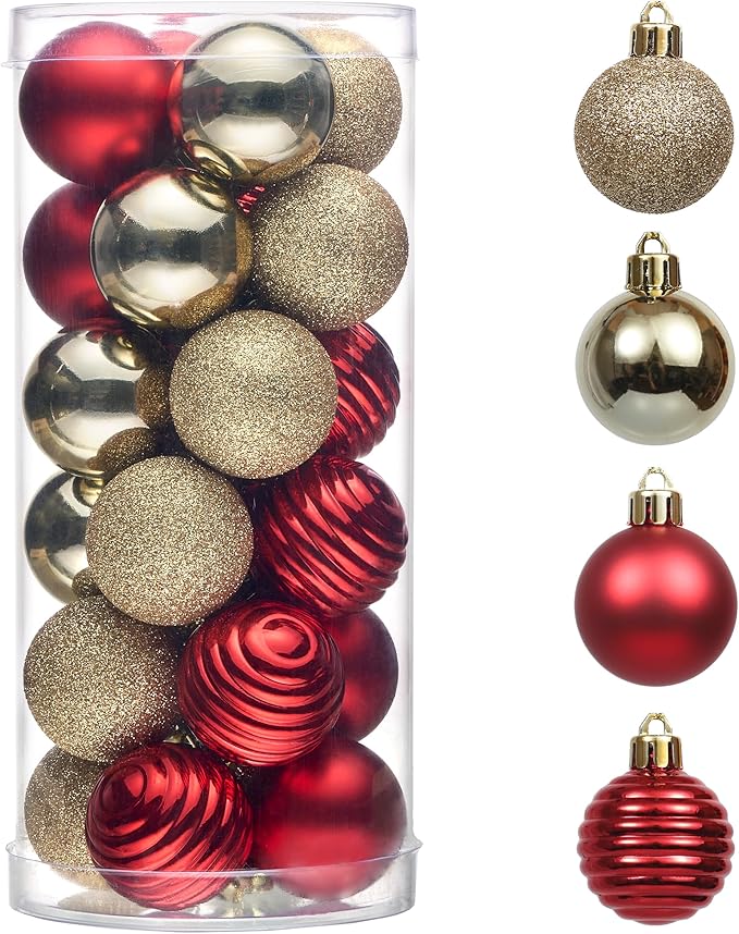 Valery Madelyn 1.57 Inches Small Christmas Tree Decorations Ornament Set for 4th of July Fall Halloween, 24ct Red and Gold Shatterproof Hanging Ball Ornaments Holiday Party Decor