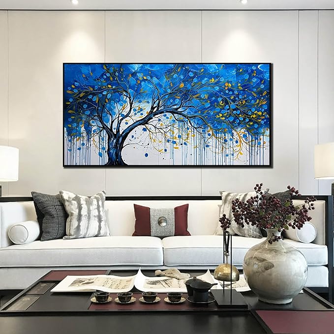 Tree Painting Wall Art for Living Room - Blue Abstract Hand Painted Wall Art for Bedroom - Modern Framed Wall DecoeOffice Size 29" x 59"