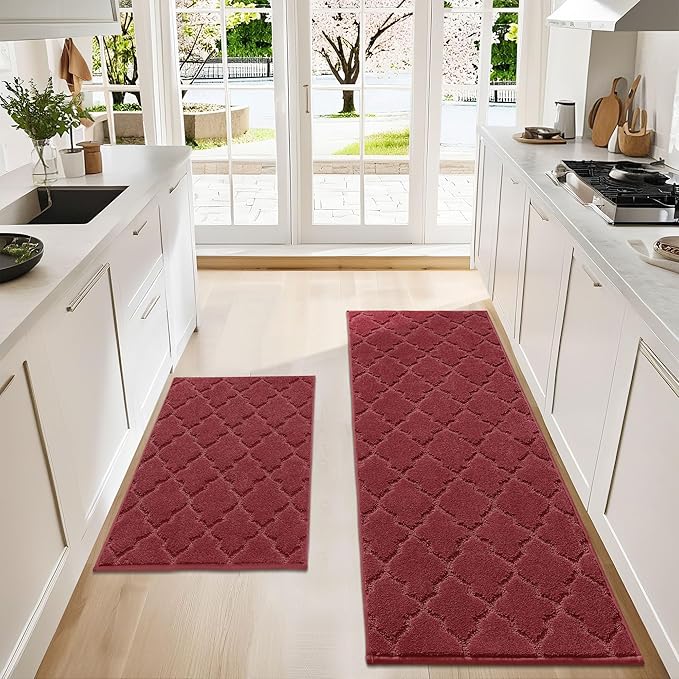 COSY HOMEER Soft Kitchen Rugs [2 PCS] for in Front of Sink Super Absorbent Kitchen Floor Mats and Mats 24x35 Inch/24X60 Non-Skid Kitchen Mat Standing Mat Washable,Polyester,Red