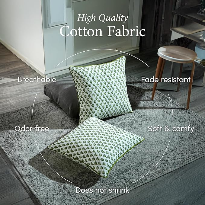 CPC 100% Cotton Throw Pillow Covers 16X16 Green Block Print Pattern Couch Pillow, Cute Boho Decorative Pillows for Living Room, Bedroom with Hidden Zipper- Emerald Green