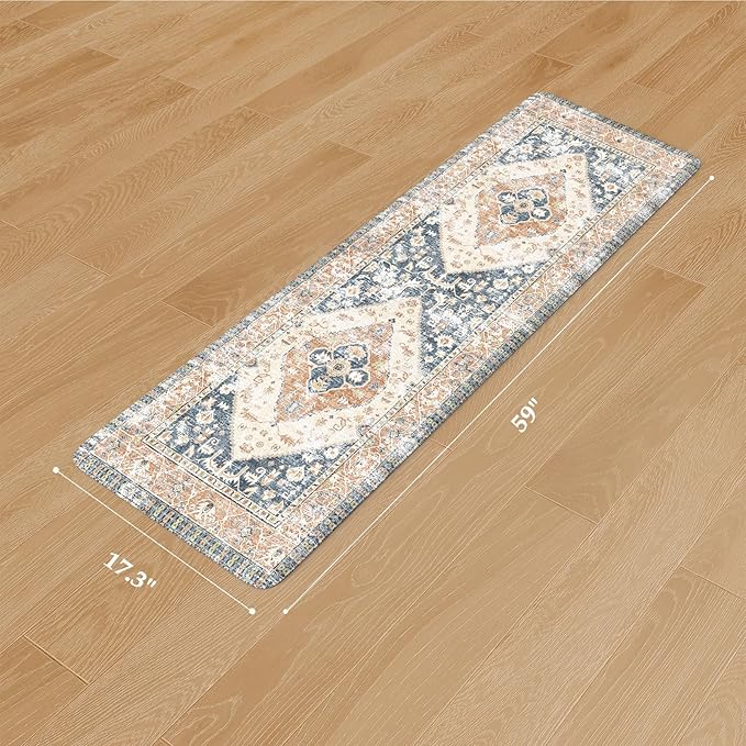 KIMDOE Anti Fatigue Kitchen Mat Kitchen Rugs Non-Skid Waterproof Kitchen Runner Rug Foam Standing Mat for Kitchen Decor,Floors,Laundry,Blue and Gold