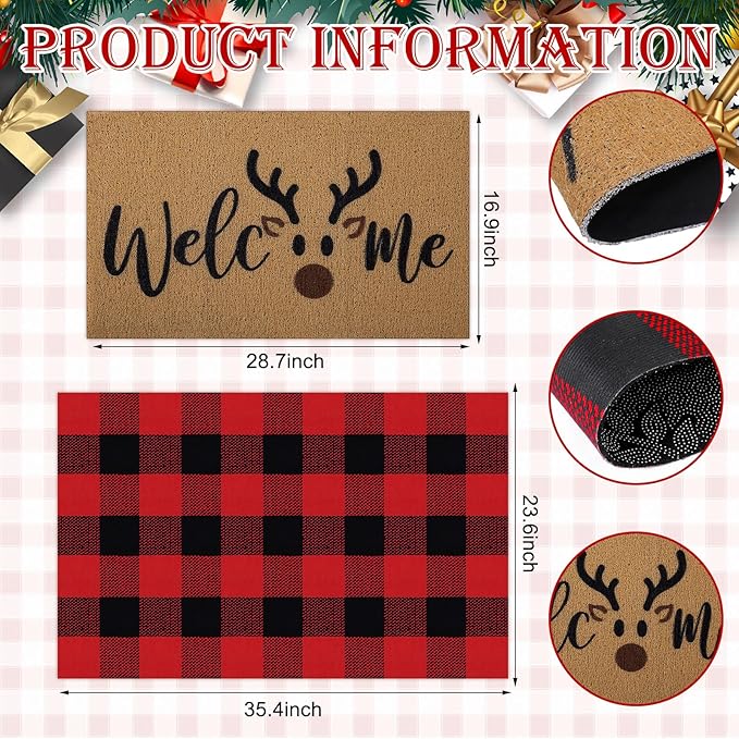 2 Pcs Christmas Door Mat Brown Elk Welcome Non Slip Coir Mats Merry Xmas Black Red Buffalo Plaid Floor Layering Doormats Seasonal for Front Porch Entryway Decor(Brown Elk)