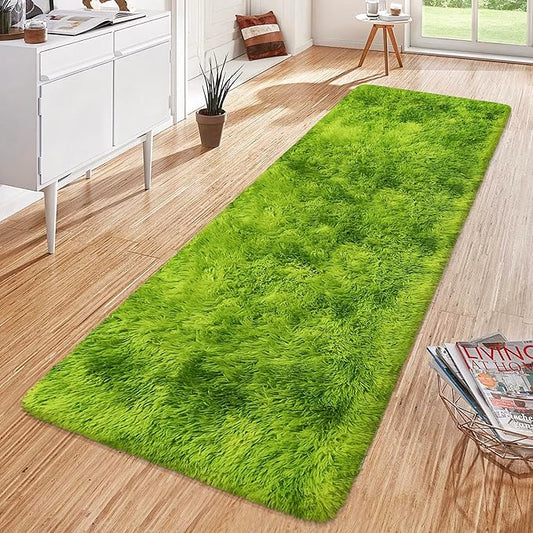 Tie-Dyed Runner Rug for Bedroom Green 2x6ft Fluffy Area Rug Bedside Runner Rug for Kids Room Boys Teens Nursery Baby Living Room Dorm Home Decor Carpets