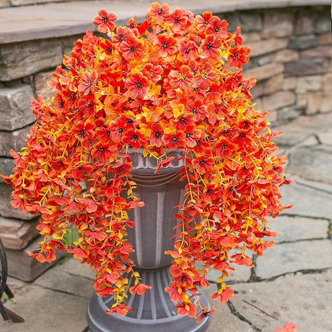 Fall Artificial Flowers for Outdoors Fake Silk Flower, 2Pcs Red Orange Daisy Autumn Decor, Realistic Hanging Decoration Plants, UV & Fading Resistant for Porch Patio Balcony Planter