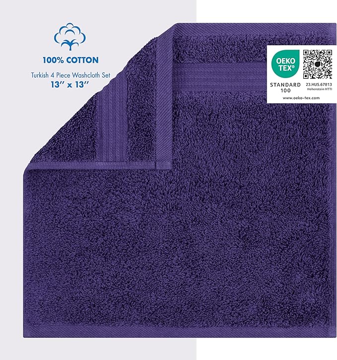 Cotton Paradise 100% Cotton Turkish Washcloth Set for Bathroom, 4 Piece Soft Absorbent Small Hand Face Towels Wash Rags, Purple