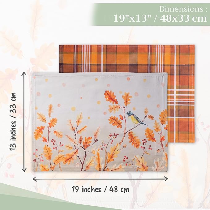 Maison d' Hermine Placemats Set of 4 100% Cotton Washable Cloth Place Mats, Reusable Table Mats for Kitchen Dining Decoration, Party, Wedding, Restaurant (Oak Leaves, 13" x 19")