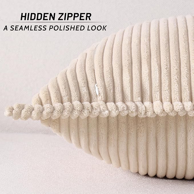 Mecatny Corduroy Throw Pillow Covers 24x24 Set of 2, Neutral Decorative Soft Boho Couch Pillow Covers with Broadside for Sofa Living Room, Beige